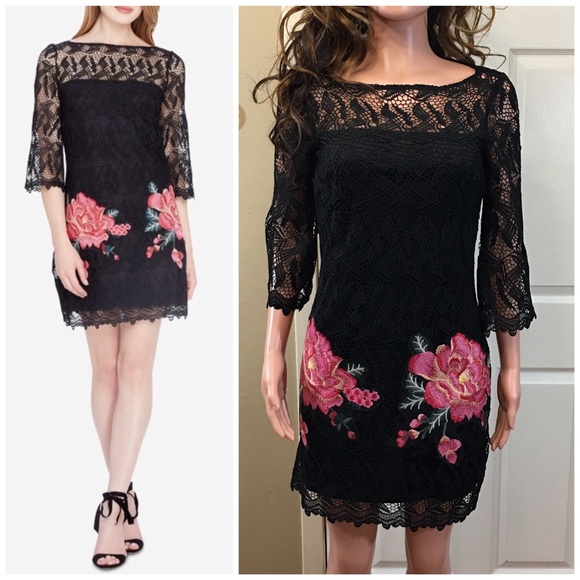 Tahari Dresses & Skirts - NWOT ASL crochet black embroidered floral dress